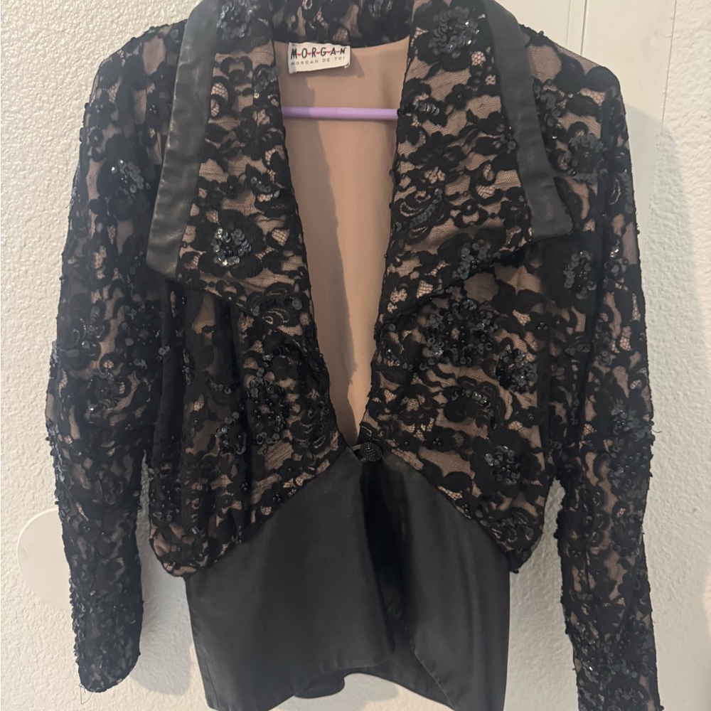 Black Lace  and leatherJacket with Floral Design